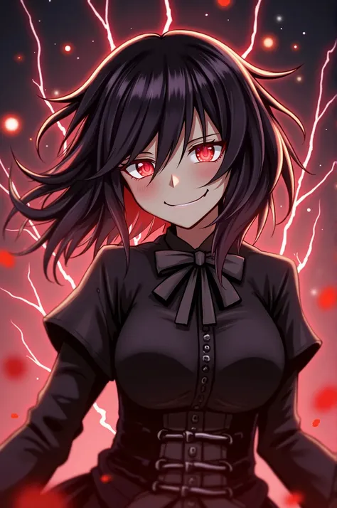 1girl, flying hair, red eyes, fire witch, blood on face, light particles, lightning rays, wallpaper, colorful, high contrast, vampire, smirk, evil smile, psychopathic smirk, psychopathic smile, tilted head