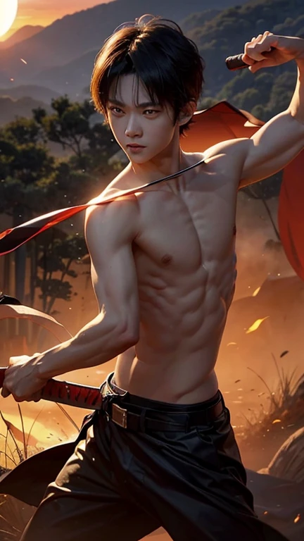 A hot-blooded boy with a strong sense of justice。Holding a Nichirin sword、Rin fighting demons々With a serious expression、In the landscape where the morning sun shines、Show a kind smile。The background is a bamboo forest and sunrise.、A powerful and hopeful at...