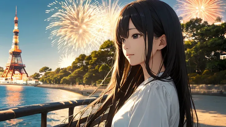 Shiraishi Mei, Looks exactly like Shiraishi Mei、Time is night、Tokyo Tower in the background、Big fireworks、Oceanの方を向いている後ろ姿、Woman looking up at the sky ,Long Hair,  Black Hair,, Photo from the side, Realistic, Highest quality, Detailed face, Strong sunlight...