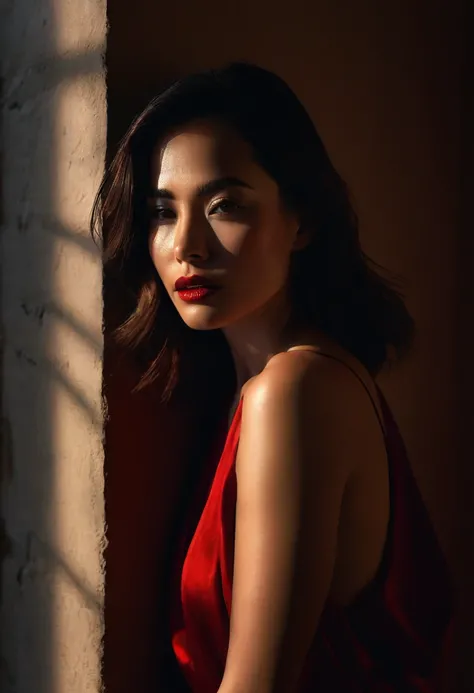 woman bathed in soft light, leaning against a wall, looking into the camera in a moment of raw emotion. Her attire is minimal, accentuating her beauty with the dramatic shadows cast by the lighting. The background is stark, with sharp contrasts highlightin...