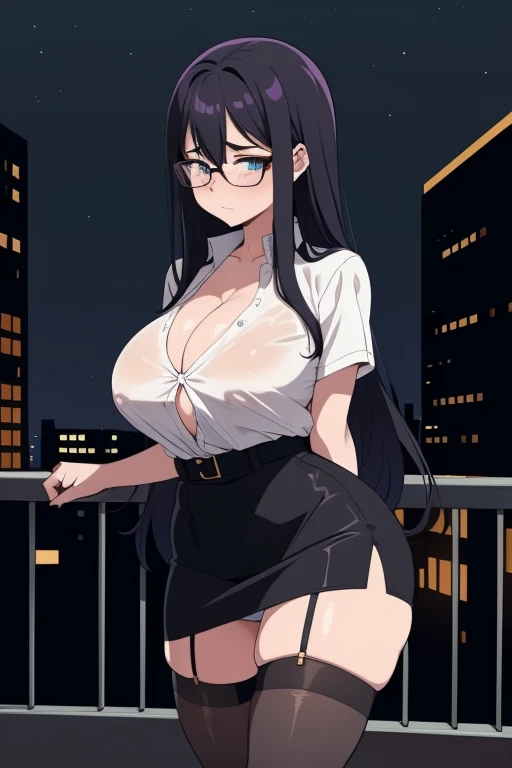 20 year old woman, busty, bubble butt, hourglass figure, skinny, blushing, frustrated expression, horny, seductive, long hair, wavy hair, wearing white shirt, black pencil skirt, black stockings, garter belt, glasses, high heels, office attire, tight fitti...