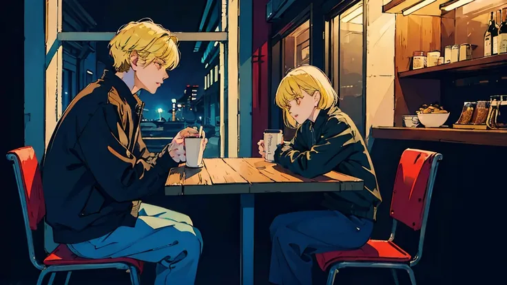 sitting in a cafe at night、Cool and handsome Asian boy with blonde hair, Visible from the window, Perfect Face, White shirt、Black jacket, Neon Black, (Backlight: 1.1), Hard Shadows, masterpiece, Highest quality, Complex, Model shooting style, Vintage, Film...