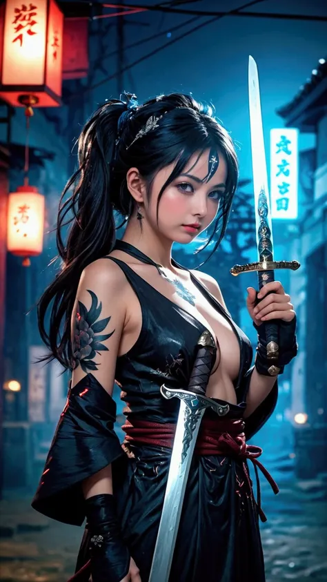 (Japanese sword &reference;Muramasa 2&reference;.2)Beautiful 27 year old woman、Japanese women、Tie your hair back、Hair ornament artist、Warrior、Clear Eyes、{Arm tattoo(SakuraFubuki}’Warrior、(Japanese swordを両手で構える、1.3)(Japanese sword1.2)Intermediate position、w...