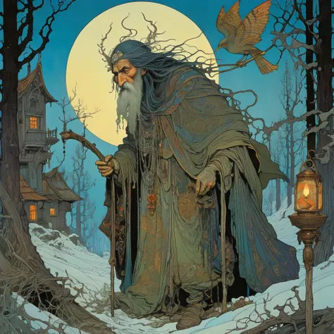 Illustration of Baba Yaga and the Tsarevna in tattered clothes, shoulders and breasts exposed, Moebius and Alphonse Mucha, Vanya Zhuravlev, Alphonse Mucha meets Beksinski, Moebius and Dan Hiller, Baba Yaga, Moebius and Morbacher, Posuka Demizu, Dzo, scary ...