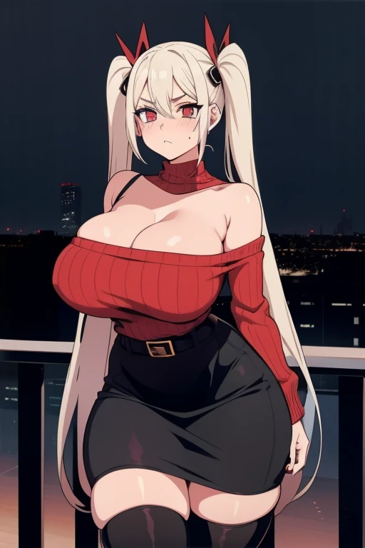 20 year old woman, busty, bubble butt, hourglass figure, skinny, blushing, frustrated expression, horny, seductive, platinum hair, long hair, wavy hair, twintail hair, wearing brown sweater, shoulderless sweater, ribbed sweater, black pencil skirt, belt, t...