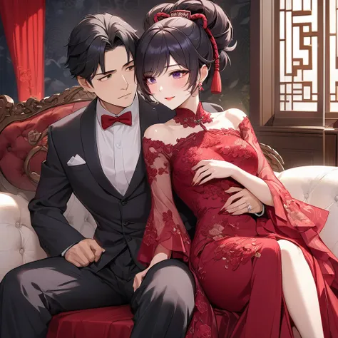 ((Highest quality)), ((masterpiece)), (detailed), （Perfect Face）、The woman is a Chinese woman named Kocho Shinobu.。, Purple gradient bob black hair and formal evening hairstyles. She is wearing an engagement ring. She is a prominent member of the Chinese C...