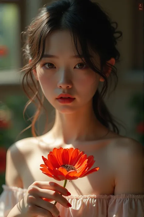 1 Girl, Shun Sheng, Photography Art, (flower:1.2), A stunning photo，High color saturation, Ultra-high resolution,(Practical:1.4)),Deep Shadows,(best quality, masterpiece), Pale skin, Dark, In the shade, panicked, blush, Very detailed, Skinny, Break the dep...