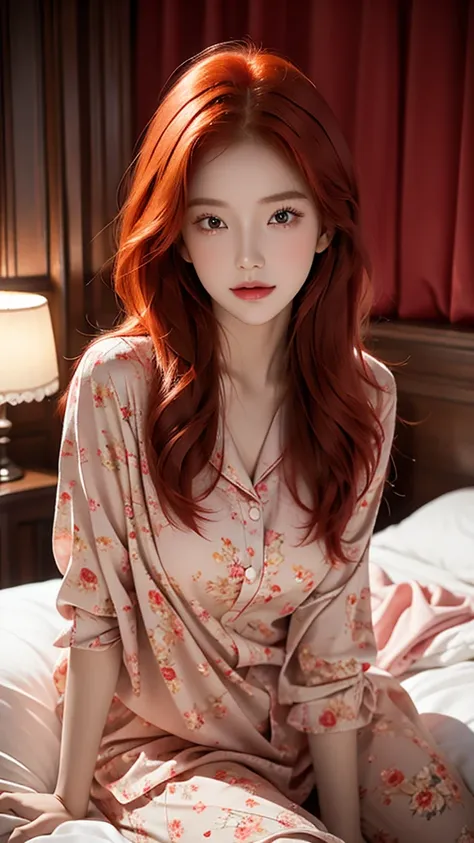 There is a woman sitting on a bed wearing a pink floral pajamas, red-haired girl, beautiful red-haired woman, red-haired woman, young red-haired girl, short bright red hair, red hair and attractive features, Anna Nikonova aka Newmilky, red-haired girl, red...