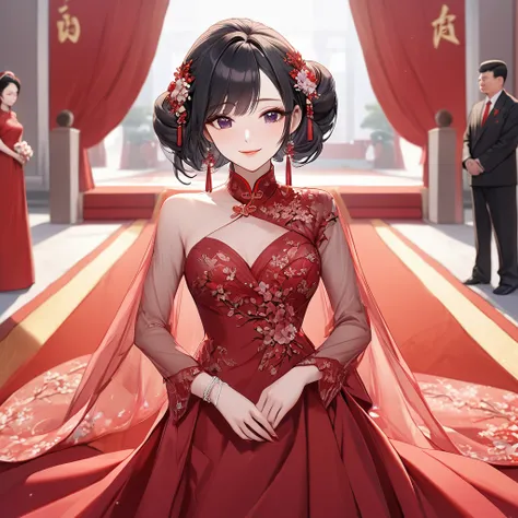 ((Highest quality)), ((masterpiece)), (detailed), （Perfect Face）、The woman is a Chinese woman named Kocho Shinobu.。, Purple gradient bob black hair and formal evening hairstyles. She is wearing an engagement ring. She is a prominent member of the Chinese C...