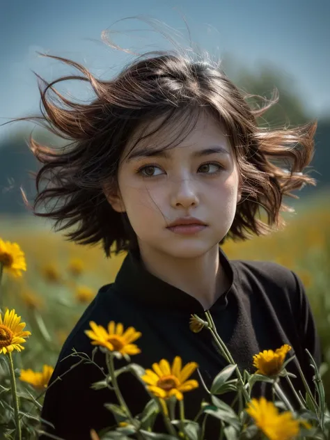 (Detailed wide shot:1.3), (best quality image:1.5)(Black short hair blowing in the wind:1.3), 1girl, sweet face, kazakh, wearing black woollen shirt and skirt, (hair covering face:1.5), in dahlian meadow, summer, sunlight, surreal view, real object, (dyana...