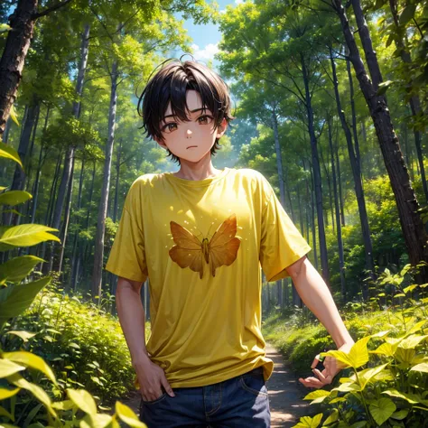 Boy , summer tshirt , yellow forest , bug effect highlight , ultra hd