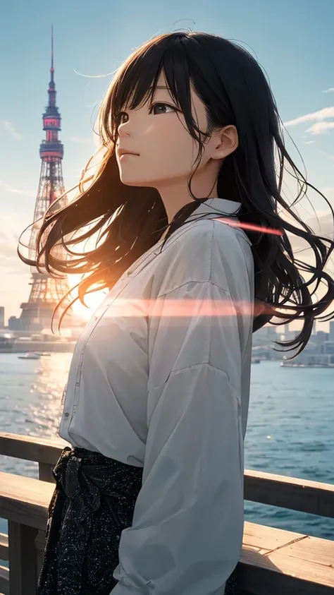 Shiraishi Mei, Looks exactly like Shiraishi Mei、Time is night、Tokyo Tower in the background、Big fireworks、Oceanの方を向いている後ろ姿、Woman looking up at the sky ,Long Hair,  Black Hair,, photograph, Realistic, Highest quality, Detailed face, Strong sunlight, Ocean, ...