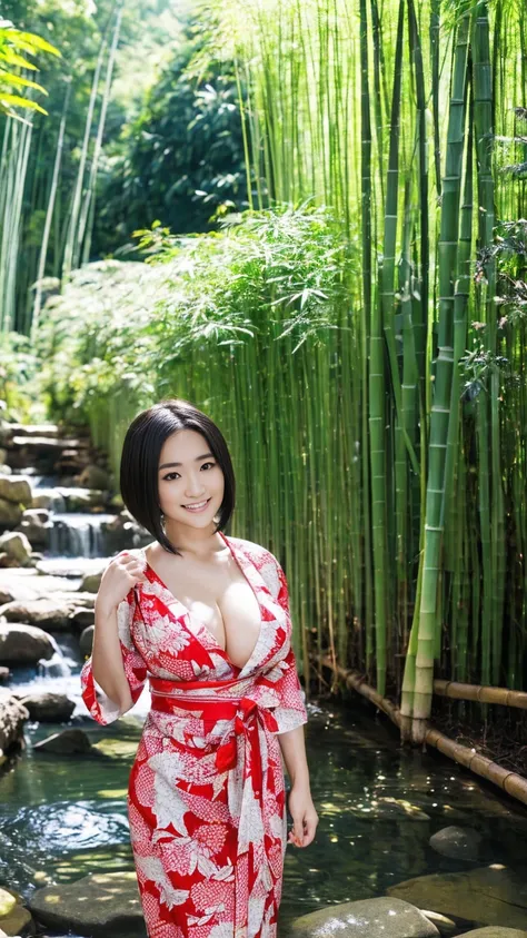 Red and white checked yukata、The chest of her yukata is open, exposing her large breasts on the right side.、The obi is loose、(low length、Big Tits、Beautiful breasts、The cleavage with the breasts pressed together、Slim body、Are standing、Young and pretty girl、...