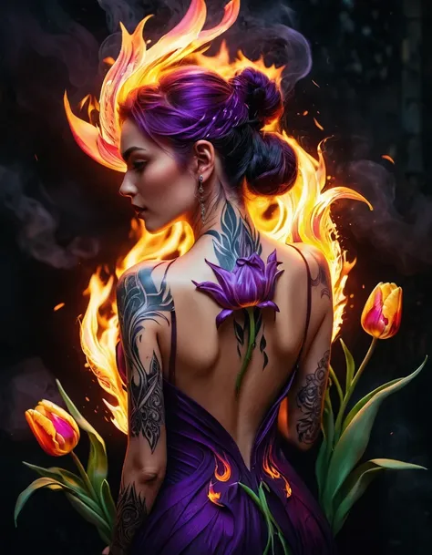 Arafed, Dark fantasy art, fantasy art, goth art, a picture of a tattoo of a tulip on the back of a female elf, a glowing tattoo of a ((tulip: 1.3)) on the elfs back, the ((tulip tattoo: 1.3)) is vivid, intricate detailed,  GlowingRunesAI_purple, ((fire sur...