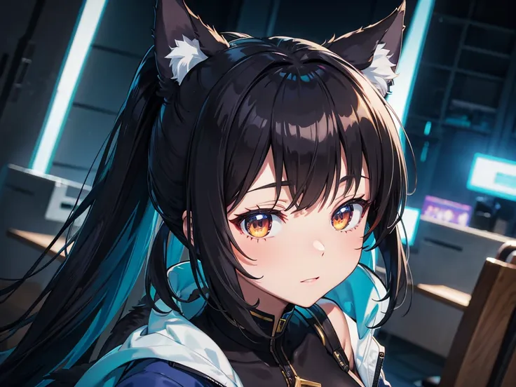 Big Breasts、Cool Girl、Black Hair、High ponytail hairstyle、Close-up of a person wearing a cat ear costume、Character Portrait、Toyism、Nagasawa Ashisaku、Holo Wolf Girl、Holo is a wolf girl、Official character art、Anti-aliasing、Female anthropomorphic wolf、 Anime g...