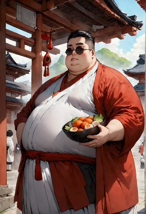 japanese monk、are fat、round sunglasses、equip a ritual item、hero of justice、one punch man、exorcist、japanese temples、strongest