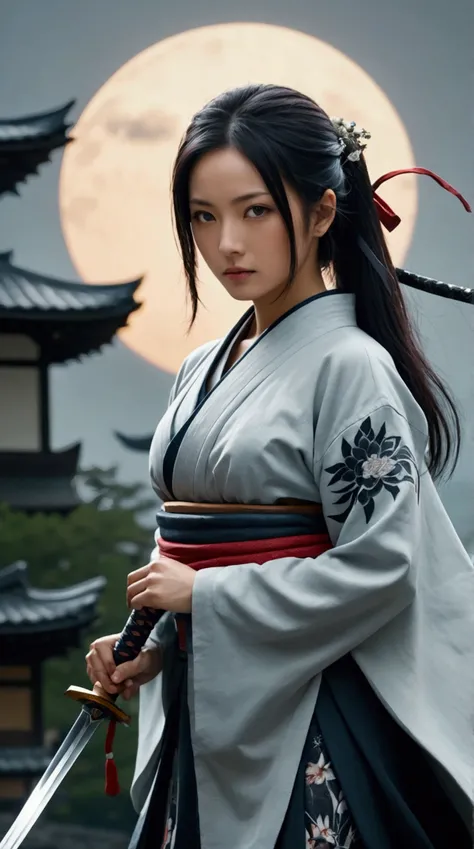 (Japanese sword &reference;Muramasa 2&reference;.2)Beautiful 27 year old woman、Japanese women、Tie your hair back、Hair ornament artist、Warrior、Clear Eyes、{Arm tattoo(SakuraFubuki}’Warrior、(Japanese swordを両手で構える、1.3)(Japanese sword1.2)Intermediate position、w...