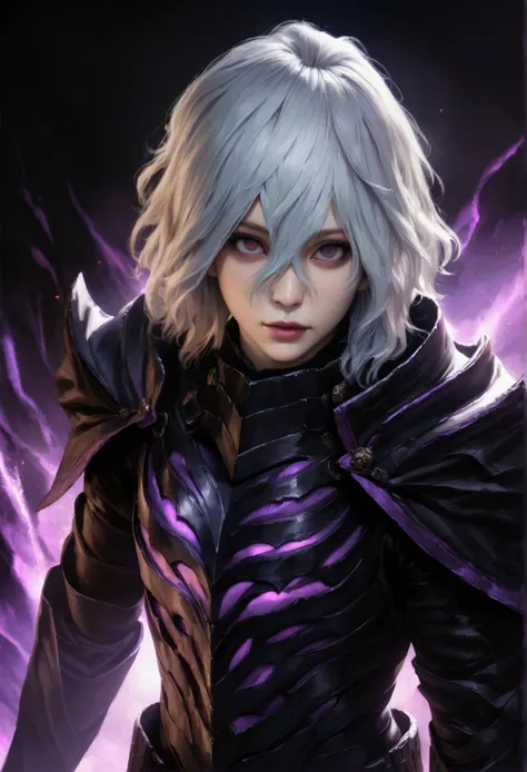 tomura shigaraki, pale skin and dark and sinister character with black hair, black eyes with purple pupils, wearing black armor ...