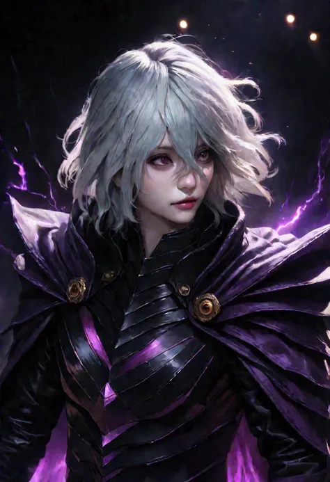 tomura shigaraki, pale skin and dark and sinister character with black hair, black eyes with purple pupils, wearing black armor ...