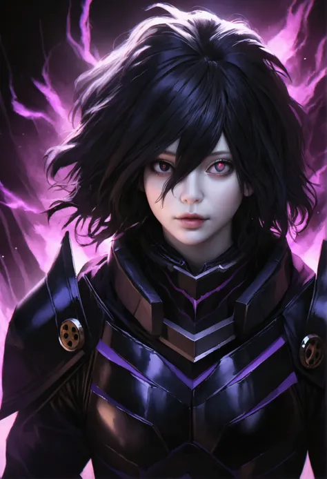 tomura shigaraki, pale skin and dark and sinister character with black hair, black eyes with purple pupils, wearing black armor ...