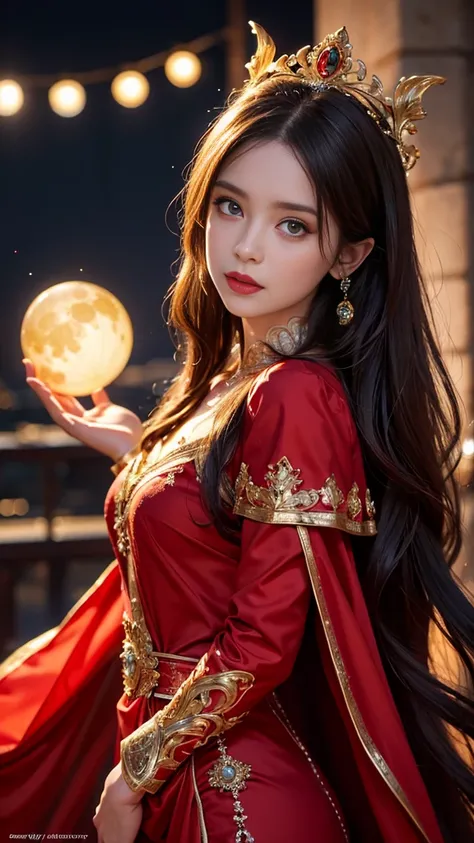 8K ultra hd, masterpiece,1 girl, ((realistic face)), detailed eyes, ((very long hair)), flowing hair, small breasts, royal dress, decorated dress, red dress, anitque jwellery, detailed lacing, flowing cape, bare navel, moon light, amazing night outdoor, sp...