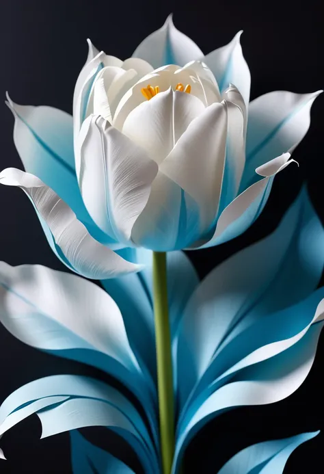 3D white and light blue tulip paper flower close-up on dark background bright soft light exquisite beautiful details shining fusion 3D paper sculpture and paper art creation lifelike depiction perfect artistic design accurate perfect anatomy complex extrem...