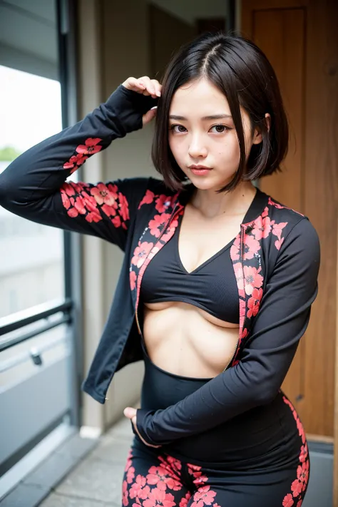 Top quality, A beautiful young woman with sleek, short hair, dressed in a stylish ninja cosplay outfit. She wears a black and red ninja suit with intricate patterns, complete with a face mask and arm guards. She stands in a stealthy pose on a rooftop under...