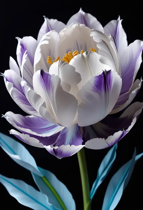 3d one white one light blue purple tulip paper flower on dark background close-up bright soft light exquisite beautiful details ...