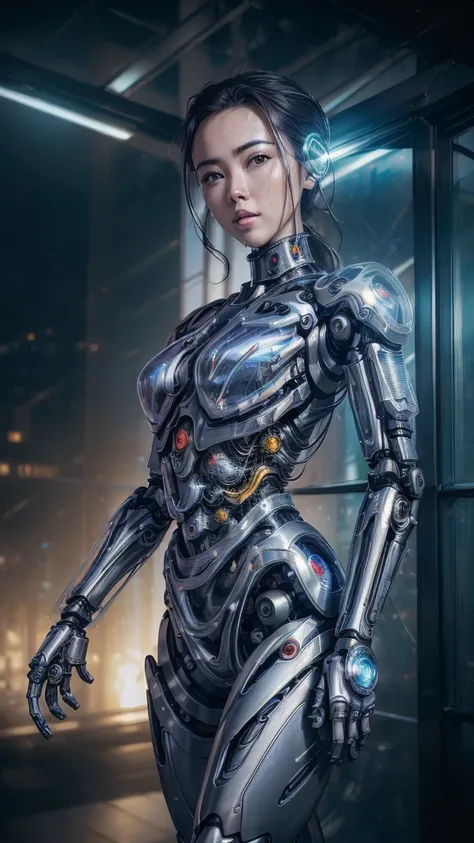 (((jessica henwick wearing futuristic cyberpunk ninja assassin armor, shiny robotic ninja armor )), (dynamic pose), (masterpiece...