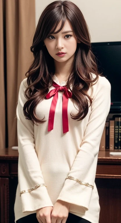 highest quality, (Realistic:1.2), One girl, alone, Detailed face, Face Focus, Are standing, Black Hair,(hair ornaments:1.35),office lady, Sleeves edged with ribbon, Removable sleeves, Ribbon trim, Wide sleeves, (View Viewer:1.5) Long Hair, Iris, bangs, lip...