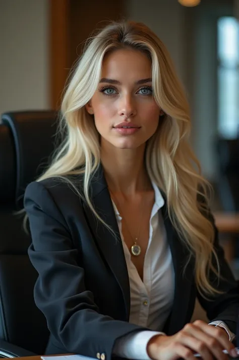 a beautiful girl with long blonde hair, detailed eyes, nose, and lips, wearing  professional outfit, siting in her office, using...