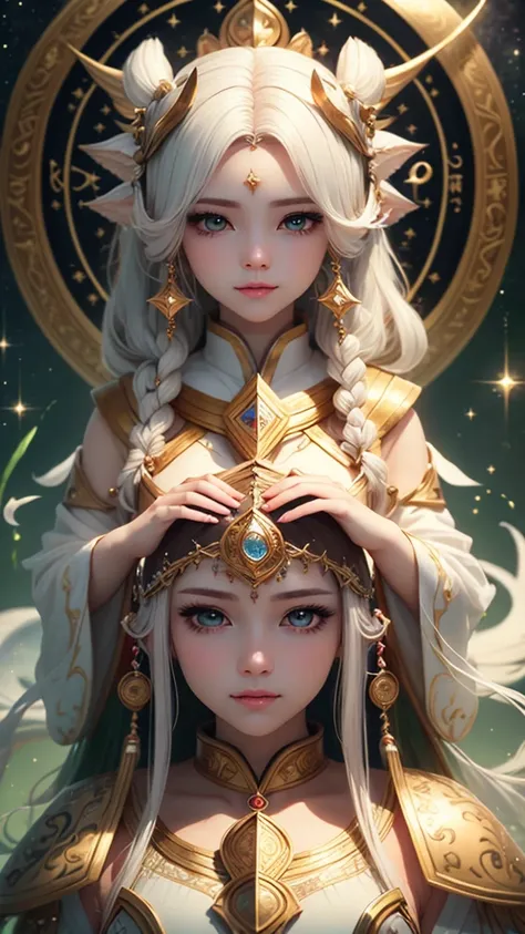 (masterpiece、Highest quality、Highest quality、Beautiful and beautiful:1.2)、Focus on the eyes、The story of the girl with milky white hair、Astrologer costume、lime、Beautiful Eyes、lips、12 Zodiac Signs、Going around、Luminous Splash in Both Hands、Overflowing、Beaut...