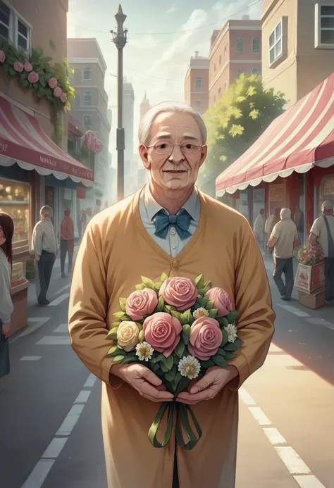 anatómicamente correcta:1.5, an elderly vendor with a bouquet of tulips in his hands:1.5, with his flower street stall:1.5, hype...