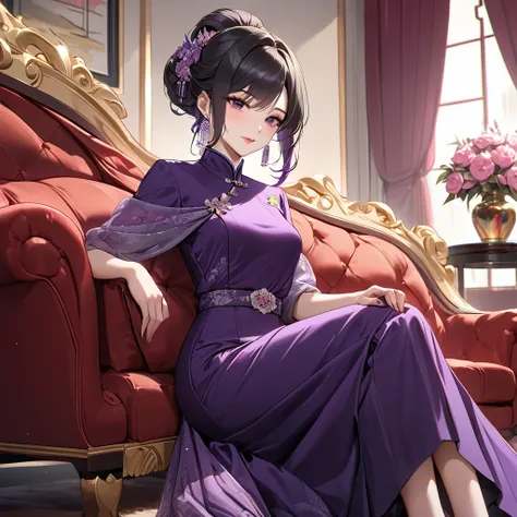 ((Highest quality)), ((masterpiece)), (detailed), （Perfect Face）、The woman is a Chinese woman named Kocho Shinobu.。, Purple gradient bob black hair and formal evening hairstyles. She is wearing an engagement ring. She is a prominent member of the Chinese C...