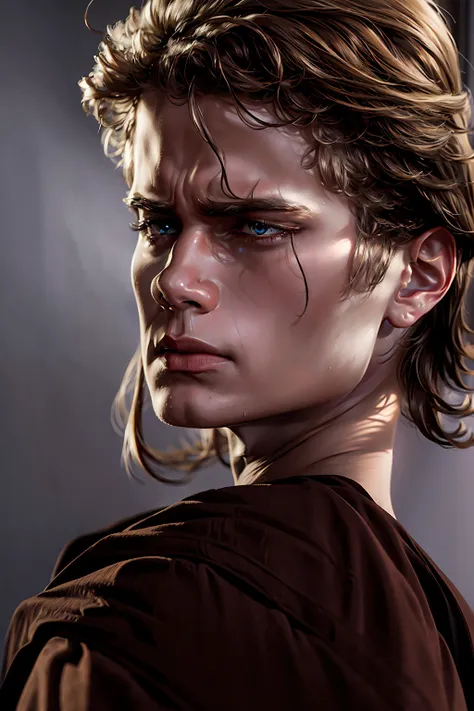 masterpiece, 8k quality, anakin_skywalker, best quality, long hair, boy, attractive, angry, hand covering half face, young man w...