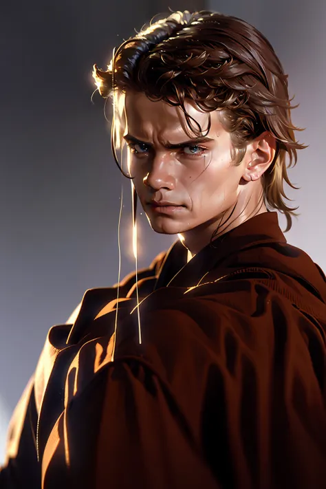 masterpiece, 8k quality, Anakin_skywalker, best quality, long hair, boy, attractive, angry, hand covering half face, young man with a melancholic and introspective expression, reminiscent of a fallen angel, with one hand strategically placed to cover part ...