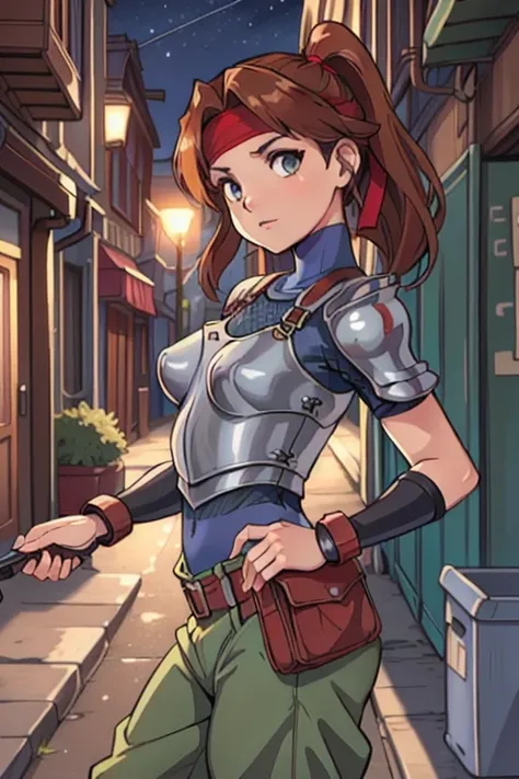 masterpiece, best quality, jessie rasberry, headband, armor, blue bodysuit, belt, pouch, green pants, from side, dystopian city, city alleyway, night, chiaroscuro shading, looking at viewer, turning head 