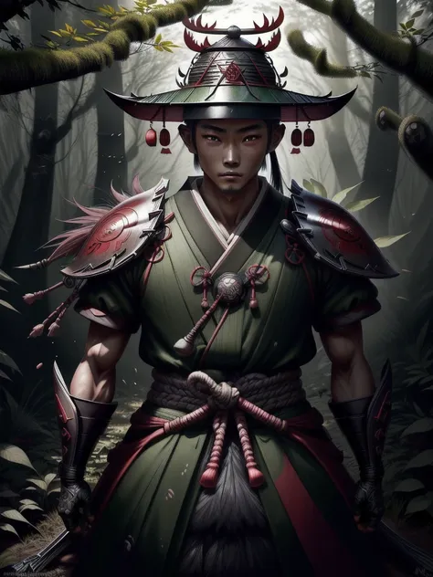 japanese sward men wearing asian hat, in a forest, full body, looking back (hyper detailed eyes, hyper detailed face), 16k, 8k, ...