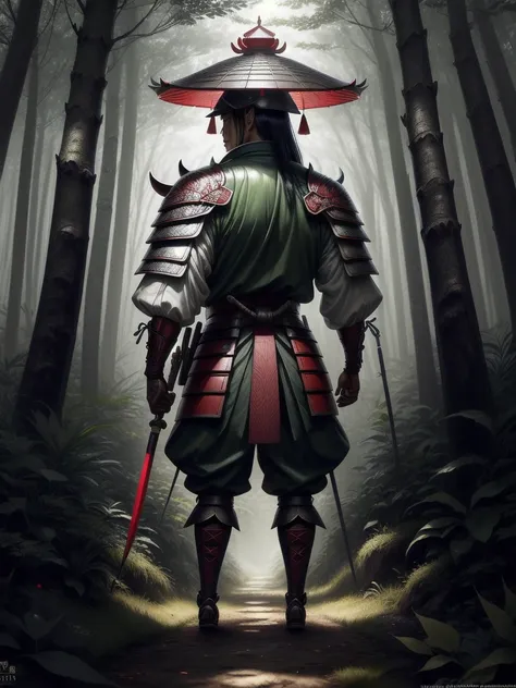 japanese sward men wearing asian hat, in a forest, full body, looking back (hyper detailed eyes, hyper detailed face), 16k, 8k, ...