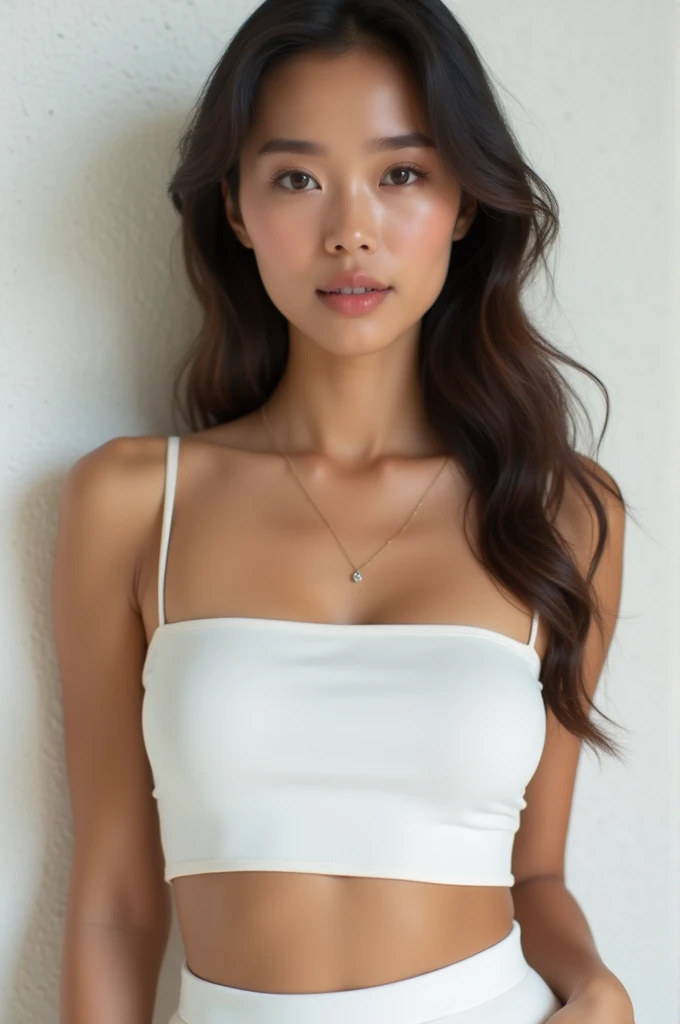 Beautiful woman in white crop top, light white and dark silver style, Y2K aesthetic, delicate lines, subtle curves, slump/drape, smooth and shiny,