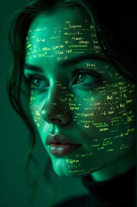 close-up of woman's face, glowing green holographic equations projected onto skin. intense gaze, realistic features. dark backgr...