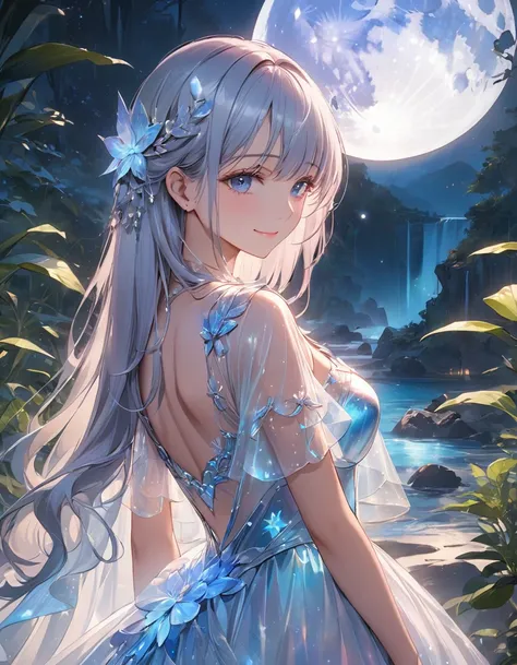 (masterpiece:1.2),(4k),high quality,(perfect anatomy),((arms behind side)),(1 girl),(goddess of the moon),Artemis,silver long hair,beautiful detailed blue eyes,a shy smile,look at viewer,(bioluminescent dress),Undeservedly beautiful,dreamy romantic,fantast...