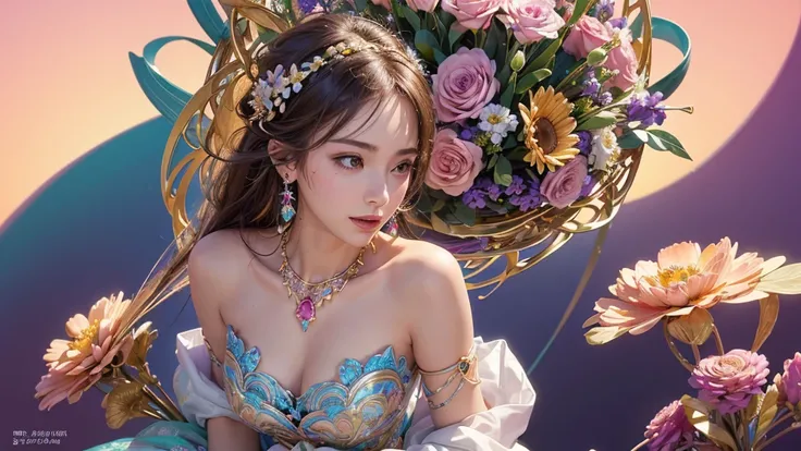 32K, 最高quality, 最高masterpiece, (ultra-Detailed Background, Detailed Background), High resolution, Super detailed, Very detailedな, One girl, (bouquet:1.3), (Tangled:1.2), (Geometric:1.2),(colorful),(masterpiece, quality, best quality, Official Art, Beautifu...