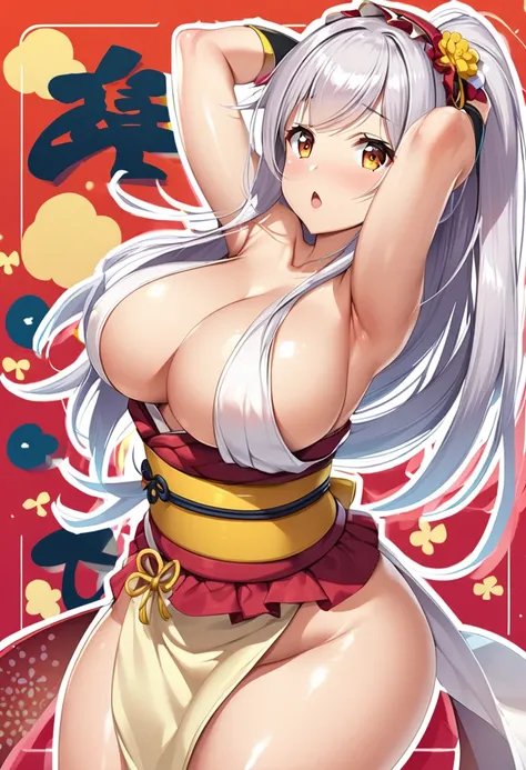 One girl, long hair, slightly large breasts, (slightly large breasts: 1.4), thick thighs, (thick thighs: 1.2), silver hair, golden eyes, frilly hairband, white background, cleavage, exposed shoulders, brown eyes, standing, collarbone, full body, ponytail, ...