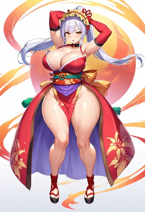 One girl, long hair, slightly large breasts, (slightly large breasts: 1.4), thick thighs, (thick thighs: 1.2), silver hair, golden eyes, frilly hairband, white background, cleavage, exposed shoulders, brown eyes, standing, collarbone, full body, ponytail, ...