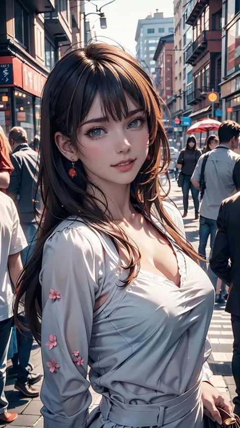 Highest quality, Realistic, 1peopleの女の子, woman,(Skin Dentition), Mid-chest, (bright), (Professional Lighting, Bokeh), (street), people々, crowd, Braided bangs, (blouse:1.5), (Portrait:0.8), nice, bloom, Floating Hair, (Dynamic pose:0.6) , Soft lighting, 