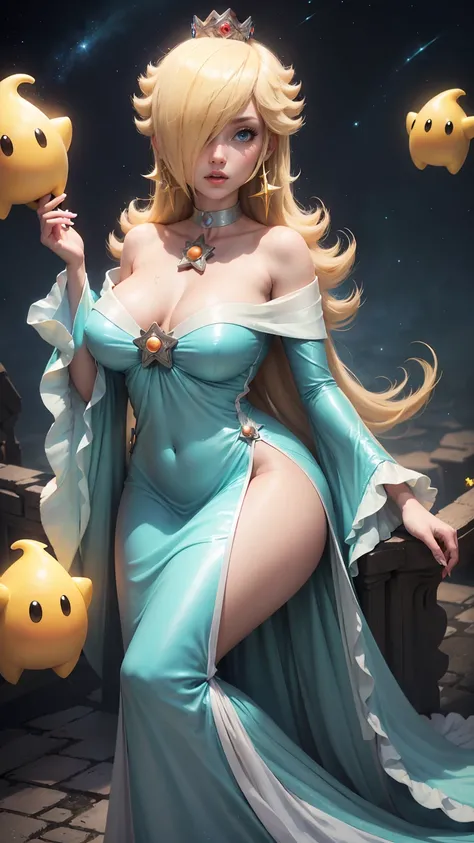 ((Princess Rosalina from super mario bros series))(she has big glowing blue eyes)(bright red lips) ((long blonde hair))(((long bangs hide one eye)))(dark eyeshadows make up)((very huge breasts)) (perfect slim body) ((wear aquamarine dress, gold crown)) (cr...