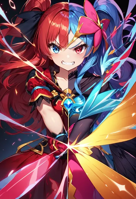 ((Top Quality)), ((Excellent)), (Detailed), Perfect face 1 girl, alone, long hair, looking at viewer, bangs, blue eyes, red eyes, gloves, dress, bow, pigtails, jewelry, blue hair, redhead, wings, shining, heterochromia iridum, magical girl, clenching teeth...