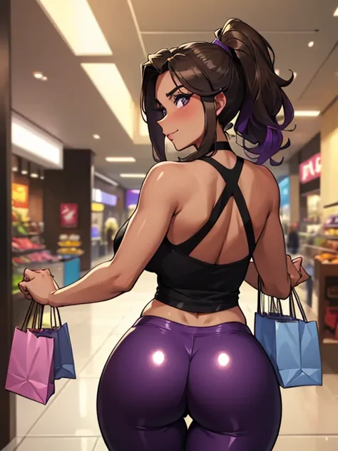 (half-body-shot (back shot):1.3),(Detailed face:1.2), 1girl, alone, Latina, plus sized milf, mature female, (bronze skin tone:1.5), long black hair with purple highlights, mascara, eyeshadow, purple lipstick, (Wearing: black tank-top, shiny purple leggings...