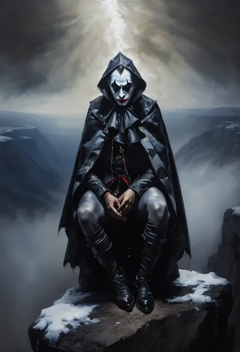 painting of a demonic sad harlequin, sits on a steep cliff with his legs dangling into the void, gloomy landscape snowstorm, dramatic, dynamic pose, cinematic scene, volumetric lights, ultra realistic, in the style of nicola samori